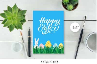 Easter Card. Eggs, bunny and cute cartoon chicken on grass