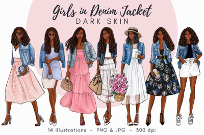 Girls in Denim Jacket - Dark skin clipart