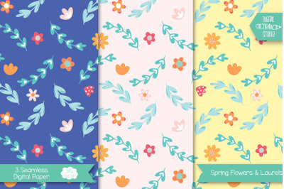 Spring Flowers &amp; Laurels Digital Paper | Seamless Background Pattern