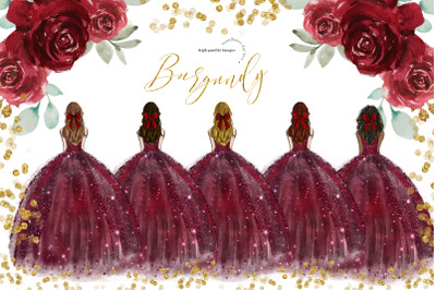 Burgundy Princess Dress Clipart, Burgundy Flowers clipart