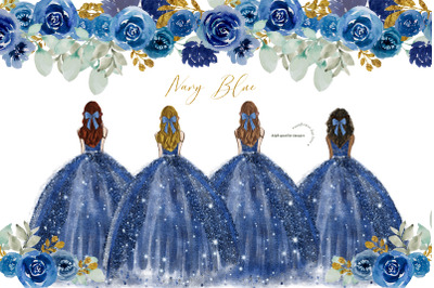 Navy Blue Princess Dresses Clipart, Navy Blue Quinceanera