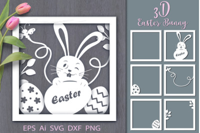 3D craft Easter bunny with an egg. Paper cut svg