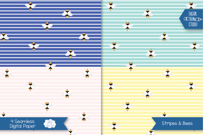 Stripes &amp; Bees Digital Paper | Seamless Background Pattern