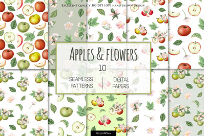 Apples and flowers seamless patterns
