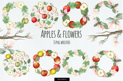Apples and flowers wreaths set