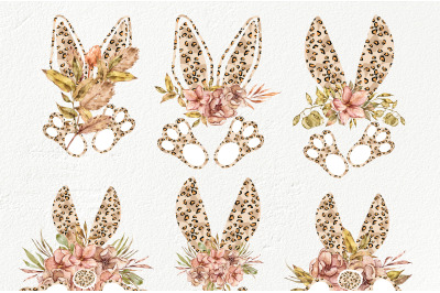 Watercolor Leopard floral bunny clipart- 7 PNG FILES