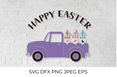 Easter retro truck with cute gnomes SVG