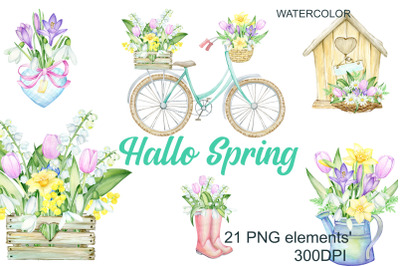 Watercolor Spring Floral Clipart. Easter flower arrangements, pink peo