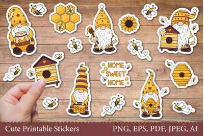 Gnomes and Bee Printable Stickers&2C; Print and Cut Stickers