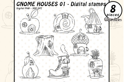 Cute GNOME HOUSES digital stamps, Woodland outline