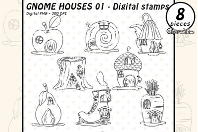 Cute GNOME HOUSES digital stamps&2C; Woodland outline