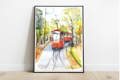 Watercolor Red Tram Print