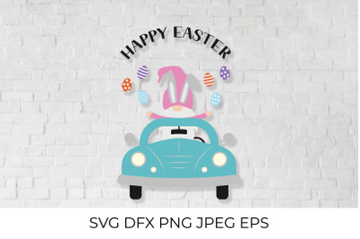 Easter retro car with cute gnome SVG