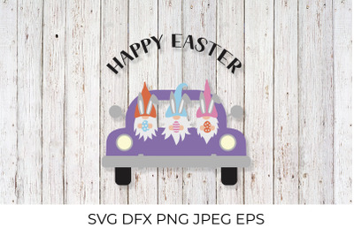 Easter retro car with cute gnomes SVG