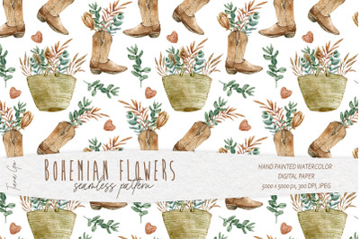 Watercolor boho floral seamless pattern- 1 JPEG file