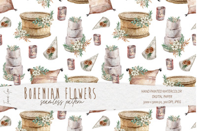 Watercolor boho floral seamless pattern- 1 JPEG file