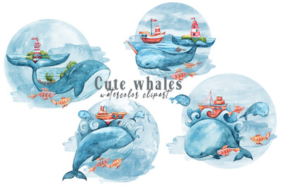 Watercolor cute whale clipart / underwater clipart- 4 png