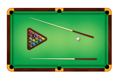 Billiard green table top view with balls and cue sticks. Realistic ame