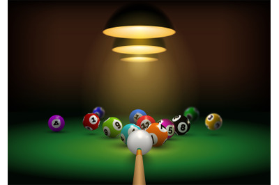 Billiard background with realistic cue hit gaming balls. Billiard room