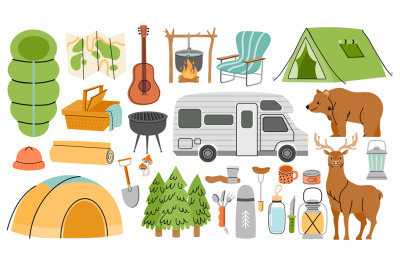 Hiking camp equipment, sleeping bag, barbeque and tents. Cartoon natur