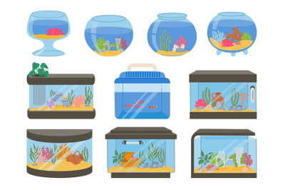 Cartoon empty glass aquarium tanks with decorations, sand and plants.