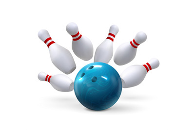 Realistic bowling ball strike hit falling pin skittles. Bowl game spor