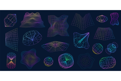 Retrofuturistic wireframe shapes, 3d sphere and distorted perspective