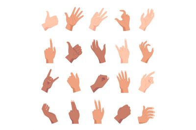 Cartoon hand poses, holding, pointing and like gesture. Diverse people