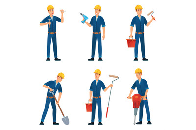 Cartoon builder characters, worker foreman and painter