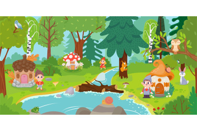 Cartoon elves and gnomes in magic forest