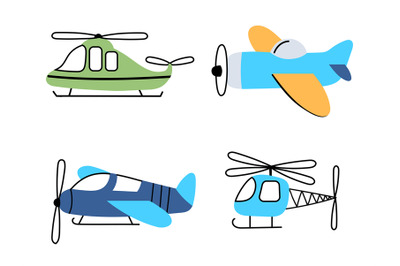 Flying airplanes and helicopter collection in childish style