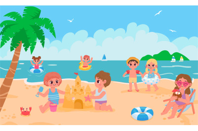 Summer beach landscape with kids playing toys