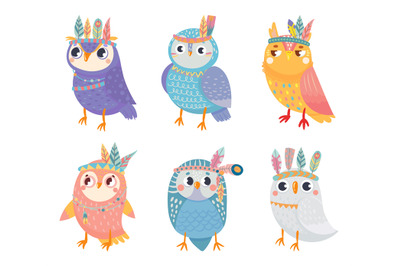 Wild tribal owl collection, night animal with colored feathers