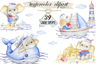 Elephant Nautical clipart - Clip art and watercolor set - Baby sailor