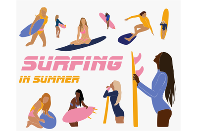 Girls and surfing, vector portraits, summer illustrations