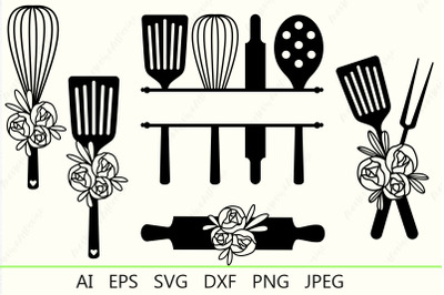 Kitchen monogram svg bundle, Kitchen utensils silhouette