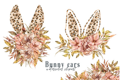 Watercolor Leopard floral bunny ears clipart- 2 PNG FILES