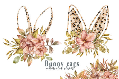 Watercolor Leopard floral bunny ears clipart- 2 PNG FILES