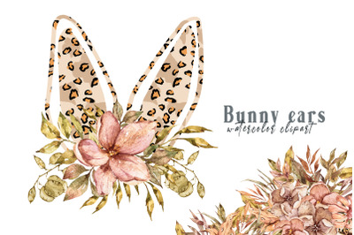 Watercolor Leopard floral bunny ears clipart- 1 PNG FILE