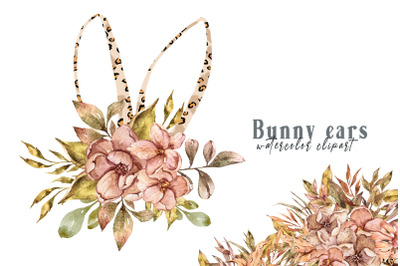 Watercolor Leopard floral bunny ears clipart- 1 PNG FILE