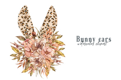 Watercolor Leopard floral bunny ears clipart- 1 PNG FILE