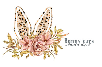 Watercolor Leopard floral bunny ears clipart- 1 PNG FILE
