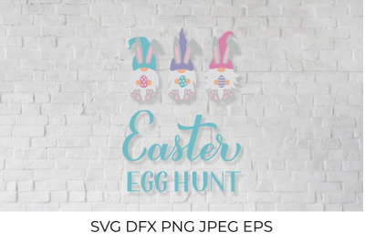 Easter egg hunt calligraphy hand lettering with cute gnomes SVG