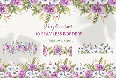 Watercolor purple Floral Seamless Borders