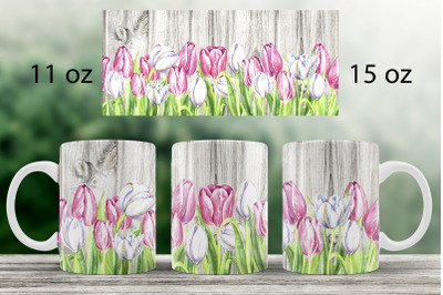 Tulips mug wraps Spring floral mug sublimation design Wood