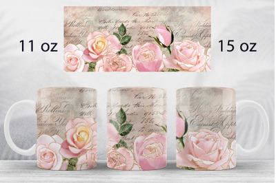 Vintage floral mug wraps Glitter roses sublimation design