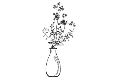 Linear bouquet wildflowers in vase, engraving sketch isolated on white