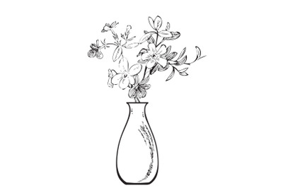 Linear bouquet wildflowers in vase, engraving sketch isolated on white