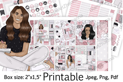 African American Planner Girl Printable Stickers 2&quot;x1,5&quot;