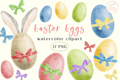 Watercolor Easter Eggs Clipart. Colored Eggs with Bunny Ears PNG